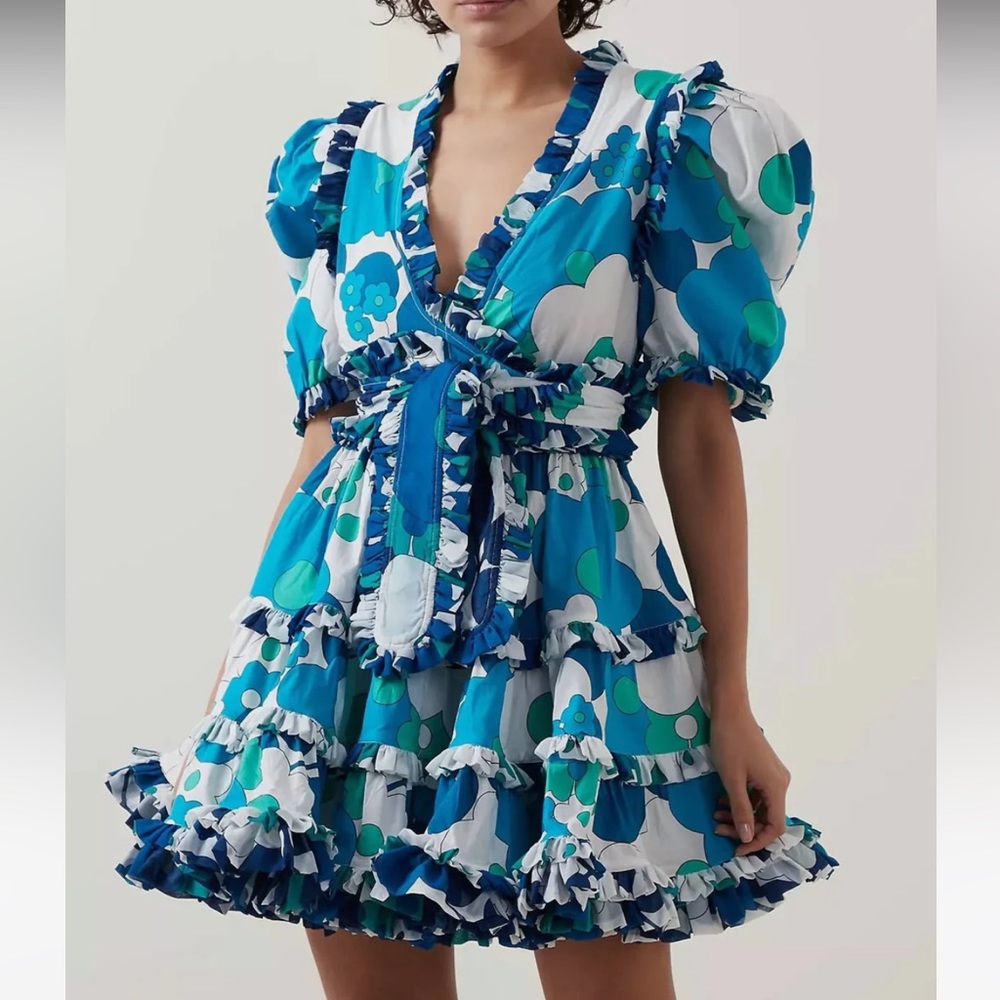 CeliaB Blue and Green Floral Ruffle Mini Dress